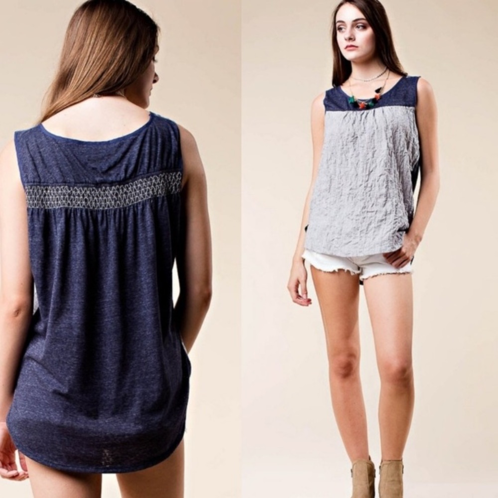 Kori America Denim Blue Crinkle Top Small Medium - Picture 4 of 8